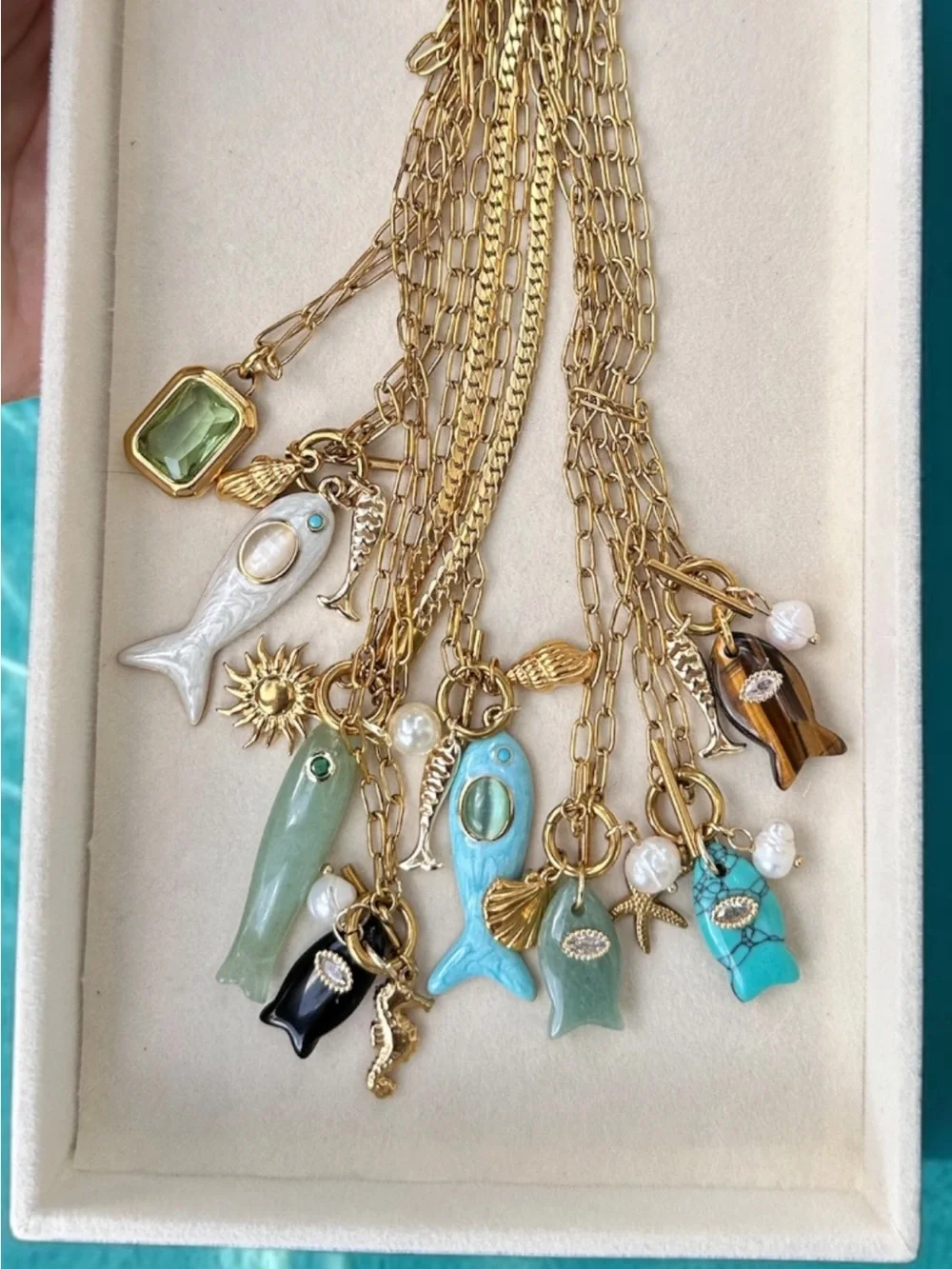 Gold Chain Necklace with Sea-Glass Green Fish, Shell & Pearl Charms